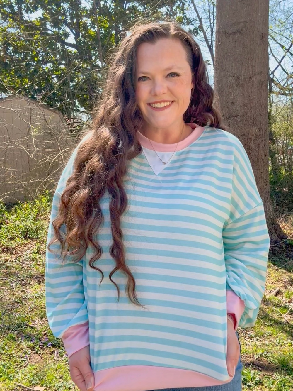 Striped Pastel Blue & Pink Long Sleeve Pullover Top